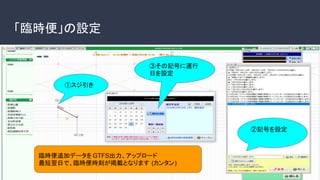 「臨時便」の設定
③その記号に運行
日を設定
①スジ引き
②記号を設定
臨時便追加データを GTFS出力、アップロード
最短翌日で、臨時便時刻が掲載となります (カンタン)
 