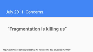 July 2011- Concerns
"Fragmentation is killing us”
http://wesmckinney.com/blog/a-roadmap-for-rich-scientific-data-structures-in-python/
 