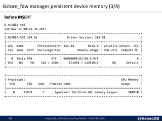 Gstore_fdw manages persistent device memory (3/4)
PostgreSQL as Machine-Learning Platform -PGconf.EU 2018-19
Before INSERT
$ nvidia-smi
Sun Nov 12 00:03:30 2017
+-----------------------------------------------------------------------------+
| NVIDIA-SMI 384.81 Driver Version: 384.81 |
|-------------------------------+----------------------+----------------------+
| GPU Name Persistence-M| Bus-Id Disp.A | Volatile Uncorr. ECC |
| Fan Temp Perf Pwr:Usage/Cap| Memory-Usage | GPU-Util Compute M. |
|===============================+======================+======================|
| 0 Tesla P40 Off | 00000000:02:00.0 Off | 0 |
| N/A 36C P0 52W / 250W | 171MiB / 22912MiB | 0% Default |
+-------------------------------+----------------------+----------------------+
+-----------------------------------------------------------------------------+
| Processes: GPU Memory |
| GPU PID Type Process name Usage |
|=============================================================================|
| 0 12438 C ...bgworker: PG-Strom GPU memory keeper 161MiB |
+-----------------------------------------------------------------------------+
 
