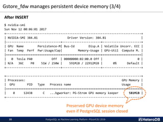 Gstore_fdw manages persistent device memory (3/4)
PostgreSQL as Machine-Learning Platform -PGconf.EU 2018-20
After INSERT
$ nvidia-smi
Sun Nov 12 00:06:01 2017
+-----------------------------------------------------------------------------+
| NVIDIA-SMI 384.81 Driver Version: 384.81 |
|-------------------------------+----------------------+----------------------+
| GPU Name Persistence-M| Bus-Id Disp.A | Volatile Uncorr. ECC |
| Fan Temp Perf Pwr:Usage/Cap| Memory-Usage | GPU-Util Compute M. |
|===============================+======================+======================|
| 0 Tesla P40 Off | 00000000:02:00.0 Off | 0 |
| N/A 36C P0 51W / 250W | 591MiB / 22912MiB | 0% Default |
+-------------------------------+----------------------+----------------------+
+-----------------------------------------------------------------------------+
| Processes: GPU Memory |
| GPU PID Type Process name Usage |
|=============================================================================|
| 0 12438 C ...bgworker: PG-Strom GPU memory keeper 581MiB |
+-----------------------------------------------------------------------------+
Preserved GPU device memory
even if PostgreSQL session closed
 
