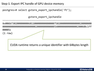 Step-1. Export IPC handle of GPU device memory
PostgreSQL as Machine-Learning Platform -PGconf.EU 2018-25
postgres=# select gstore_export_ipchandle('ft’);
gstore_export_ipchandle
-------------------------------------------------------------
¥x006b73020000000060110000000000000075020000000000000020000000
0000000000000000000000020000000000005b000000000000002000d0c1ff
00005c
(1 row)
CUDA runtime returns a unique identifier with 64bytes length
 