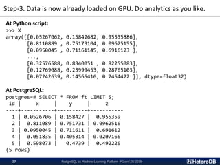 Step-3. Data is now already loaded on GPU. Do analytics as you like.
PostgreSQL as Machine-Learning Platform -PGconf.EU 2018-27
At Python script:
>>> X
array([[0.05267062, 0.15842682, 0.95535886],
[0.8110889 , 0.75173104, 0.09625155],
[0.0950045 , 0.71161145, 0.6916123 ],
...,
[0.32576588, 0.8340051 , 0.82255083],
[0.12769088, 0.23999453, 0.28765103],
[0.07242639, 0.14565416, 0.7454422 ]], dtype=float32)
At PostgreSQL:
postgres=# SELECT * FROM ft LIMIT 5;
id | x | y | z
----+-----------+----------+-----------
1 | 0.0526706 | 0.158427 | 0.955359
2 | 0.811089 | 0.751731 | 0.0962516
3 | 0.0950045 | 0.711611 | 0.691612
4 | 0.051835 | 0.405314 | 0.0207166
5 | 0.598073 | 0.4739 | 0.492226
(5 rows)
 