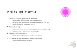 PinkDB und DataVault
• Was ist mit Fehlerbehandlung und Hard Rules?
• Fehlertolerante SQL (Functions ON-Error, Default Werte)
• DQ-Regeln und DQ-Bewertung Downstream, nachgelagert, Error Mart
• Landing in Hadoop / mittels Kafka und Flink
• Prozesssteuerung
• DataVault ermöglicht parallele Beladung und damit einfache Steuerung
• SoftRules müssen Abhängigkeiten berücksichtigen
• Fehlende Flow-Control in SQL
• Einfache Muster erfordern keine komplexe Flow-Control
• ETL Werkzeuge benötigen keine Datenbankkenntnisse
• Datenbankkenntnisse sind essentiell
 