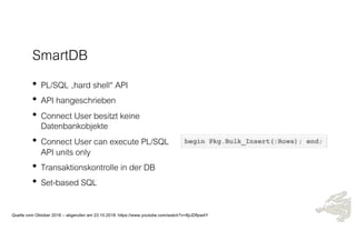 SmartDB
• PL/SQL „hard shell“ API
• API hangeschrieben
• Connect User besitzt keine
Datenbankobjekte
• Connect User can execute PL/SQL
API units only
• Transaktionskontrolle in der DB
• Set-based SQL
Quelle vom Oktober 2016 – abgerufen am 23.10.2018: https://www.youtube.com/watch?v=8jiJDflpw4Y
 