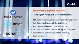 Tech Invest: Keep the lights on.
Technologisch vorbeugen statt nachbessern.
• 25% der Entwicklungskapazität fließt in Infrastruktur
• Den Tech Stack state-of-the-art halten
• Tech Debt und Legacy code reduzieren
• Tech Stack als Benefit für das Hiring von Engineers
• Tech Stack als Benefit für Kunden (Delivery,
Geschwindigkeit)
 