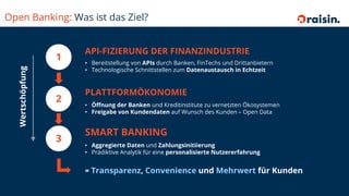 Open Banking: Was ist das Ziel?
6
SMART BANKING
API-FIZIERUNG DER FINANZINDUSTRIE
PLATTFORMÖKONOMIE
• Öffnung der Banken und Kreditinstitute zu vernetzten Ökosystemen
• Freigabe von Kundendaten auf Wunsch des Kunden – Open Data
• Aggregierte Daten und Zahlungsinitiierung
• Prädiktive Analytik für eine personalisierte Nutzererfahrung
= Transparenz, Convenience und Mehrwert für Kunden
• Bereitstellung von APIs durch Banken, FinTechs und Drittanbietern
• Technologische Schnittstellen zum Datenaustausch in Echtzeit
1
2
3
Wertschöpfung
 
