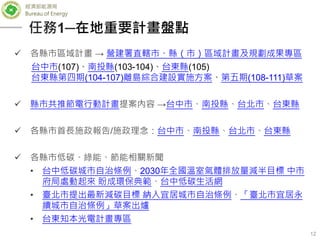 經濟部能源局
Bureau of Energy
12
 各縣市區域計畫 → 營建署直轄市、縣（市）區域計畫及規劃成果專區
台中市(107)、南投縣(103-104)、台東縣(105)
台東縣第四期(104-107)離島綜合建設實施方案、第五期(108-111)草案
 縣市共推節電行動計畫提案內容 →台中市、南投縣、台北市、台東縣
 各縣市首長施政報告/施政理念：台中市、南投縣、台北市、台東縣
 各縣市低碳、綠能、節能相關新聞
• 台中低碳城市自治條例、2030年全國溫室氣體排放量減半目標 中市
府局處動起來 盼成環保典範、台中低碳生活網
• 臺北市提出最新減碳目標 納入宜居城市自治條例、「臺北市宜居永
續城市自治條例」草案出爐
• 台東知本光電計畫專區
任務1─在地重要計畫盤點
 