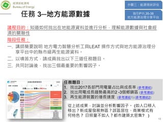 經濟部能源局
Bureau of Energy
18
議程目的：知道如何找出在地能源資料並進行分析，理解能源數據與社會經
濟的關聯性
階段任務：
一. 講師簡要說明 地方電力智慧分析工具LEAT 操作方式與地方能源治理分
享平台中的縣市級再生能源資料。
二. 以填答方式，請成員找出以下三道任務題目。
三. 共同討論後，找出三個最重要的影響因子。
任務題目：
1. 找出2017各部門用電量占比與成長率 (參考連結)
2. 找出用電成長趨勢最高的2 -3個鄉鎮區 (參考連結)
3. 再生能源裝置的增長速度 (參考連結1) (參考連結2)
指引P11,35-38
地方能源治理分享平台
步驟三：能源現狀評估
任務 3─地方能源數據
從上述成果，討論並分析影響因子。 (如人口移入
移出？新成屋發展熱區？該區居住、商業模式有
何特色？ 日照量不如人？都市建築太密集? )
 