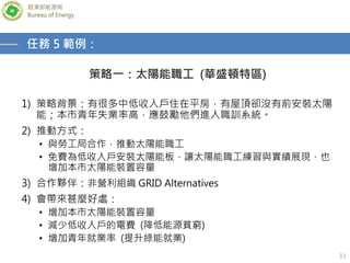經濟部能源局
Bureau of Energy
33
策略一：太陽能職工 (華盛頓特區)
任務 5 範例：
1) 策略背景：有很多中低收入戶住在平房，有屋頂卻沒有前安裝太陽
能；本市青年失業率高，應鼓勵他們進入職訓系統。
2) 推動方式：
• 與勞工局合作，推動太陽能職工
• 免費為低收入戶安裝太陽能板，讓太陽能職工練習與實績展現，也
增加本市太陽能裝置容量
3) 合作夥伴：非營利組織 GRID Alternatives
4) 會帶來甚麼好處：
• 增加本市太陽能裝置容量
• 減少低收入戶的電費 (降低能源貧窮)
• 增加青年就業率 (提升綠能就業)
 