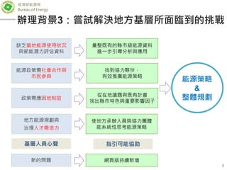 經濟部能源局
Bureau of Energy
6
辦理背景3：嘗試解決地方基層所面臨到的挑戰
基層人員心聲
能源政策需社會合作與
市民參與
缺乏當地能源使用狀況
與節能潛力評估資料
政策需應因地制宜
地方能源規劃與
治理人才需培力
彙整既有的縣市級能源資料
進一步引導分析與應用
找到協力夥伴，
有效推廣能源策略
從在地議題與既有計畫
找出縣市特色與重要影響因子
使地方承辦人員與協力團體
能系統性思考能源策略
能源策略
&
整體規劃
指引可能協助
網頁版持續新增新的問題
 