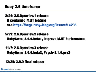 2/24: 2.6.0preview1 release
It contained MJIT feature
see https://bugs.ruby-lang.org/issues/14235
5/31: 2.6.0preview2 release
RubyGems 3.0.0.beta1, Improve MJIT Performance
11/?: 2.6.0preview3 release
RubyGems 3.0.0.beta2, Psych-3.1.0.pre2
12/25: 2.6.0 final release
Ruby 2.6 timeframe
 
