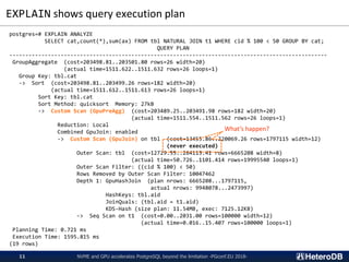 EXPLAIN shows query execution plan
NVME and GPU accelerates PostgreSQL beyond the limitation -PGconf.EU 2018-11
postgres=# EXPLAIN ANALYZE
SELECT cat,count(*),sum(ax) FROM tbl NATURAL JOIN t1 WHERE cid % 100 < 50 GROUP BY cat;
QUERY PLAN
---------------------------------------------------------------------------------------------------
GroupAggregate (cost=203498.81..203501.80 rows=26 width=20)
(actual time=1511.622..1511.632 rows=26 loops=1)
Group Key: tbl.cat
-> Sort (cost=203498.81..203499.26 rows=182 width=20)
(actual time=1511.612..1511.613 rows=26 loops=1)
Sort Key: tbl.cat
Sort Method: quicksort Memory: 27kB
-> Custom Scan (GpuPreAgg) (cost=203489.25..203491.98 rows=182 width=20)
(actual time=1511.554..1511.562 rows=26 loops=1)
Reduction: Local
Combined GpuJoin: enabled
-> Custom Scan (GpuJoin) on tbl (cost=13455.86..220069.26 rows=1797115 width=12)
(never executed)
Outer Scan: tbl (cost=12729.55..264113.41 rows=6665208 width=8)
(actual time=50.726..1101.414 rows=19995540 loops=1)
Outer Scan Filter: ((cid % 100) < 50)
Rows Removed by Outer Scan Filter: 10047462
Depth 1: GpuHashJoin (plan nrows: 6665208...1797115,
actual nrows: 9948078...2473997)
HashKeys: tbl.aid
JoinQuals: (tbl.aid = t1.aid)
KDS-Hash (size plan: 11.54MB, exec: 7125.12KB)
-> Seq Scan on t1 (cost=0.00..2031.00 rows=100000 width=12)
(actual time=0.016..15.407 rows=100000 loops=1)
Planning Time: 0.721 ms
Execution Time: 1595.815 ms
(19 rows)
What’s happen?
 