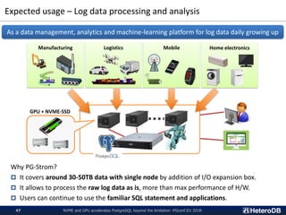 Expected usage – Log data processing and analysis
NVME and GPU accelerates PostgreSQL beyond the limitation -PGconf.EU 2018-47
As a data management, analytics and machine-learning platform for log data daily growing up
Manufacturing Logistics Mobile Home electronics
GPU + NVME-SSD
Why PG-Strom?
 It covers around 30-50TB data with single node by addition of I/O expansion box.
 It allows to process the raw log data as is, more than max performance of H/W.
 Users can continue to use the familiar SQL statement and applications.
 