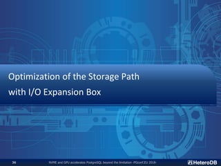 NVME and GPU accelerates PostgreSQL beyond the limitation -PGconf.EU 2018-36
Optimization of the Storage Path
with I/O Exp...