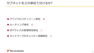 サブネットをどの単位で分けるか?
18
 アベイラビリティゾーン単位 ◎
 ルーティング単位 ◎
 IPアドレスの管理特性単位 ○
 ネットワークセキュリティ制御単位 △
 
