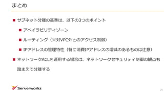 まとめ
25
 サブネット分離の基準は、以下の3つのポイント
 アベイラビリティゾーン
 ルーティング（※対VPC外とのアクセス制御）
 IPアドレスの管理特性（特に消費IPアドレスの増減のあるものは注意）
 ネットワークACLを運用する場合は、ネットワークセキュリティ制御の観点も
踏まえて分離する
 