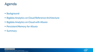 Copyright © 2018, Intel Corporation. All rights reserved.
*Other names and brands may be claimed as the property of others.
Optimization Notice
Agenda
▪ Background
▪ Bigdata Analytics on Cloud Reference Architecture
▪ Bigdata Analytics on Cloud with Alluxio
▪ PersistentMemory for Alluxio
▪ Summary
 