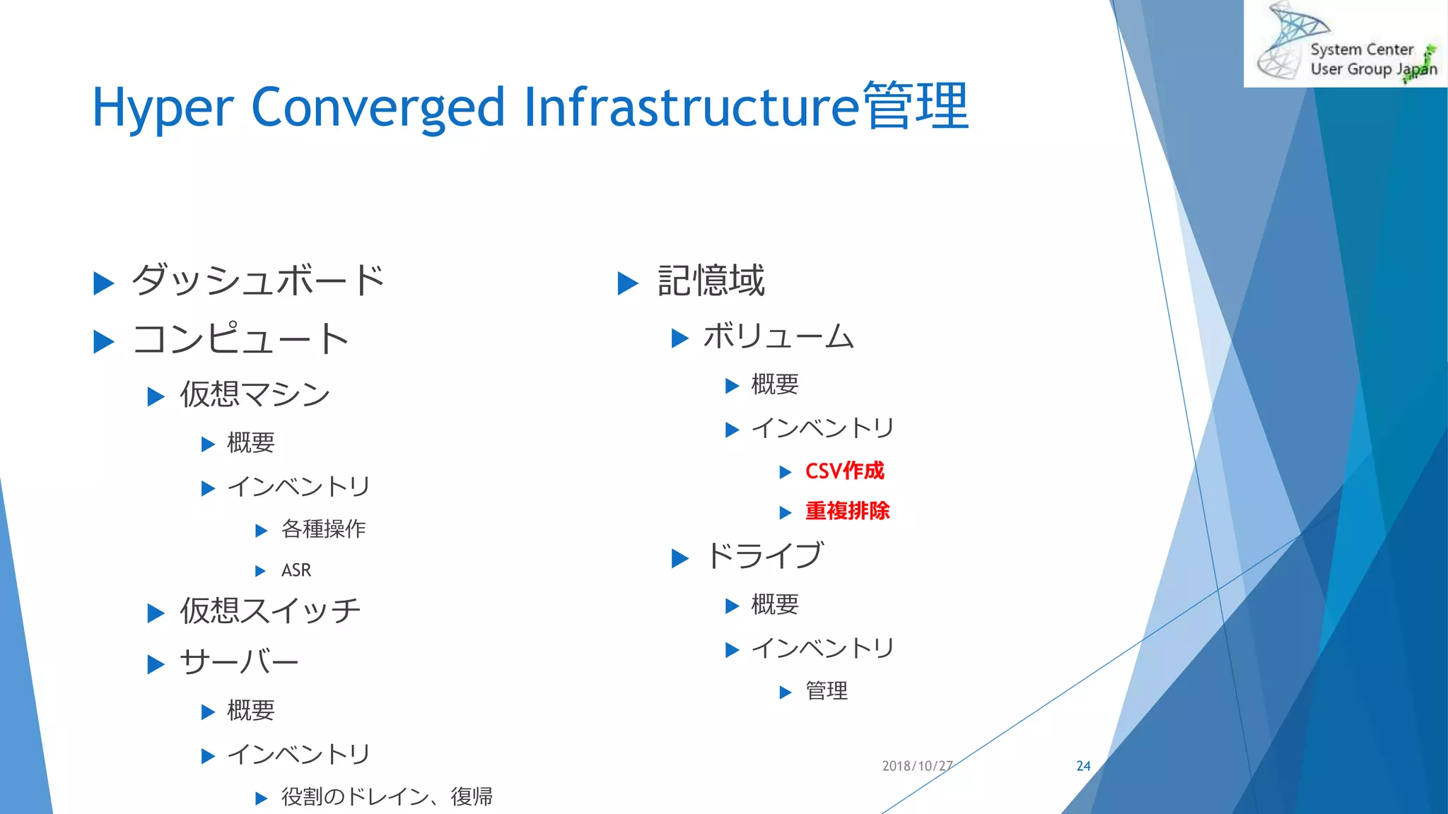 Hyper Converged Infrastructure管理
 ダッシュボード
 コンピュート
 仮想マシン
 概要
 インベントリ
 各種操作
 ASR
 仮想スイッチ
 サーバー
 概要
 インベントリ
 役割のドレイン、復帰
 記憶域
 ボリューム
 概要
 インベントリ
 CSV作成
 重複排除
 ドライブ
 概要
 インベントリ
 管理
2018/10/27 24
 