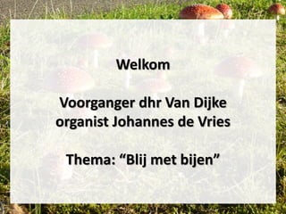 Welkom
Voorganger dhr Van Dijke
organist Johannes de Vries
Thema: “Blij met bijen”
 