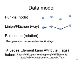 Data model
Punkte (node)
Linien/Flächen (way)
Relationen (relation)
Gruppen von mehreren Nodes & Ways
 Jedes Element kann Attribute (Tags)
haben https://wiki.openstreetmap.org/wiki/Elements
https://wiki.openstreetmap.org/wiki/Tags 22
 