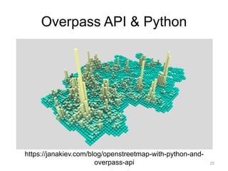 Overpass API & Python
25
https://janakiev.com/blog/openstreetmap-with-python-and-
overpass-api
 