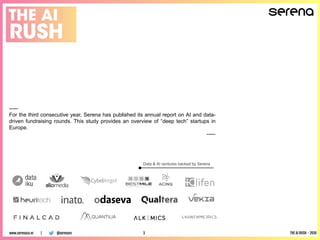Data & AI ventures backed by Serena
-----
For the third consecutive year, Serena has published its annual report on AI and data-
driven fundraising rounds. This study provides an overview of “deep tech” startups in
Europe.
-----
@serenavcwww.serenaca.vc | THE AI RUSH - 20183
 
