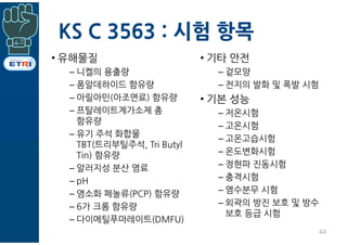 • 유해물질
– 니켈의 용출량
– 폼알데하이드 함유량
– 아릴아민(아조연료) 함유량
– 프탈레이트계가소제 총
함유량
– 유기 주석 화합물
TBT(트리부틸주석, Tri Butyl
Tin) 함유량
– 알러지성 분산 염료
– pH
– 염소화 페놀류(PCP) 함유량
– 6가 크롬 함유량
– 다이메틸푸마레이트(DMFU)
• 기타 안전
– 겉모양
– 전지의 발화 및 폭발 시험
• 기본 성능
– 저온시험
– 고온시험
– 고온고습시험
– 온도변화시험
– 정현파 진동시험
– 충격시험
– 염수분무 시험
– 외곽의 방진 보호 및 방수
보호 등급 시험
44
KS C 3563 : 시험 항목
 
