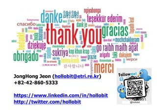 JongHong Jeon (hollobit@etri.re.kr)
+82-42-860-5333
https://www.linkedin.com/in/hollobit
http://twitter.com/hollobit
 