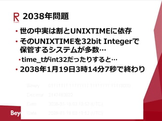 2038年問題
• 世の中実は割とUNIXTIMEに依存
• そのUNIXTIMEを32bit Integerで
保管するシステムが多数…
•time_tがint32だったりすると…
• 2038年1月19日3時14分7秒で終わり
 