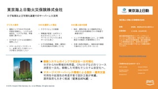 © 2018, Amazon Web Services, Inc. or its Affiliates. All rights reserved.
ビジネス要件 AWSを選択した理由 AWS導入後の効果
ご利用中の主なAWSサービス
東京海上日動火災保険株式会社
ログ処理および可視化基盤でのサーバーレス活用
• 複数インフラのログの分析
作業を自動化し、システムの
安定化、トラブル予防、早期
回復に繋げたい
• ログのオリジナルは永続的に
保管したい
• スモール/スピードスタート
し、必要に応じて分析リソー
スが使える状況にしたい
• クラウドとしての実績
• 情報量が豊富（公式サイト
およびコミュニティ）で
マーケットプレイスにある
サービスも多い
• ログの取得機能、開発・運用の
ための仕組みが充実している
• 設計、運用が楽になり俊敏性が向上
- 4名が20%の作業割合で4ヶ月程度で
実装を完了
• インフラ作業の軽減により、より業務
視点での検討に作業時間をシフト
• 手戻り負荷が軽減し、物事を試行錯誤
で進めることがしやすくなった
東京海上日動火災保険株式会社
国内損害保険業界のリーディングカンパ
ニーとして活動を続け、時代の移り変わり
とともに国内生命保険事業、海外保険事業
へと事業領域を拡大。世界中のお客様に
安心と安全をお届けできるよう挑戦を続け
ています。
http://www.tokiomarine-nichido.co.jp/
AWS Lambda
Amazon Kinesis
Data Streams
Amazon EC2
Amazon Athena
Amazon Redshift
Amazon S3
 複数システムのインフラ状況を一元可視化
ログからNW帯域の利用量、CPU/ログなどのリソース
消費を一元化。俯瞰した可視化でシステム安定化へ。
 マネージド/サーバーレス環境による設計・運用支援
可用性や拡張性の考慮不要で設計工数が半減。
運用負荷も大きく軽減（従来比80%減）。
 