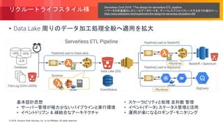 © 2018, Amazon Web Services, Inc. or its Affiliates. All rights reserved.© 2018, Amazon Web Services, Inc. or its Affiliates. All rights reserved.
リクルートライフスタイル様
• Data Lake 周りのデータ加工処理全般へ適用を拡大
Serverless Conf 2018 「The design for serverless ETL pipeline
〜データ分析基盤のレガシーなデータロードを、サーバレスでフルリプレースするまでの道のり〜」
https://www.slideshare.net/shoujishirotori/the-design-for-serverless-etl-pipeline-489
基本設計思想
• サーバー管理が極力少ないパイプラインと実行環境
• イベントドリブン & 疎結合なアーキテクチャ
• スケーラビリティと処理 並列数 管理
• イベント(データ) ステータス管理と活用
• 運用が楽になるロギング・モニタリング
 