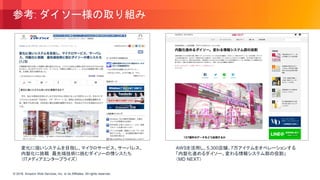© 2018, Amazon Web Services, Inc. or its Affiliates. All rights reserved.© 2018, Amazon Web Services, Inc. or its Affiliates. All rights reserved.
参考: ダイソー様の取り組み
変化に強いシステムを目指し、マイクロサービス、サーバレス、
内製化に挑戦 最先端技術に挑むダイソーの情シスたち
（ITメディアエンタープライズ）
http://www.itmedia.co.jp/enterprise/articles/1808/21/news011.html
AWSを活用し、5,300店舗、7万アイテムをオペレーションする
「内製化進めるダイソー。変わる情報システム部の役割」
（MD NEXT）
https://md-next.jp/8301
 