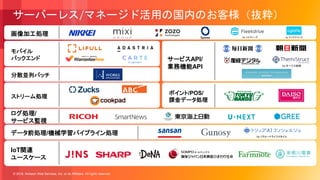 © 2018, Amazon Web Services, Inc. or its Affiliates. All rights reserved.
ポイント/POS/
課金データ処理
モバイル
バックエンド
ログ処理/
サービス監視
画像加工処理
IoT関連
ユースケース
サーバーレス/マネージド活用の国内のお客様（抜粋）
データ前処理/機械学習パイプライン処理
サービスAPI/
業務機能API
ストリーム処理
分散並列バッチ
by リクルートライフスタイル
by アイデアマンズ
by オージス総研
by ソルクシーズ
 