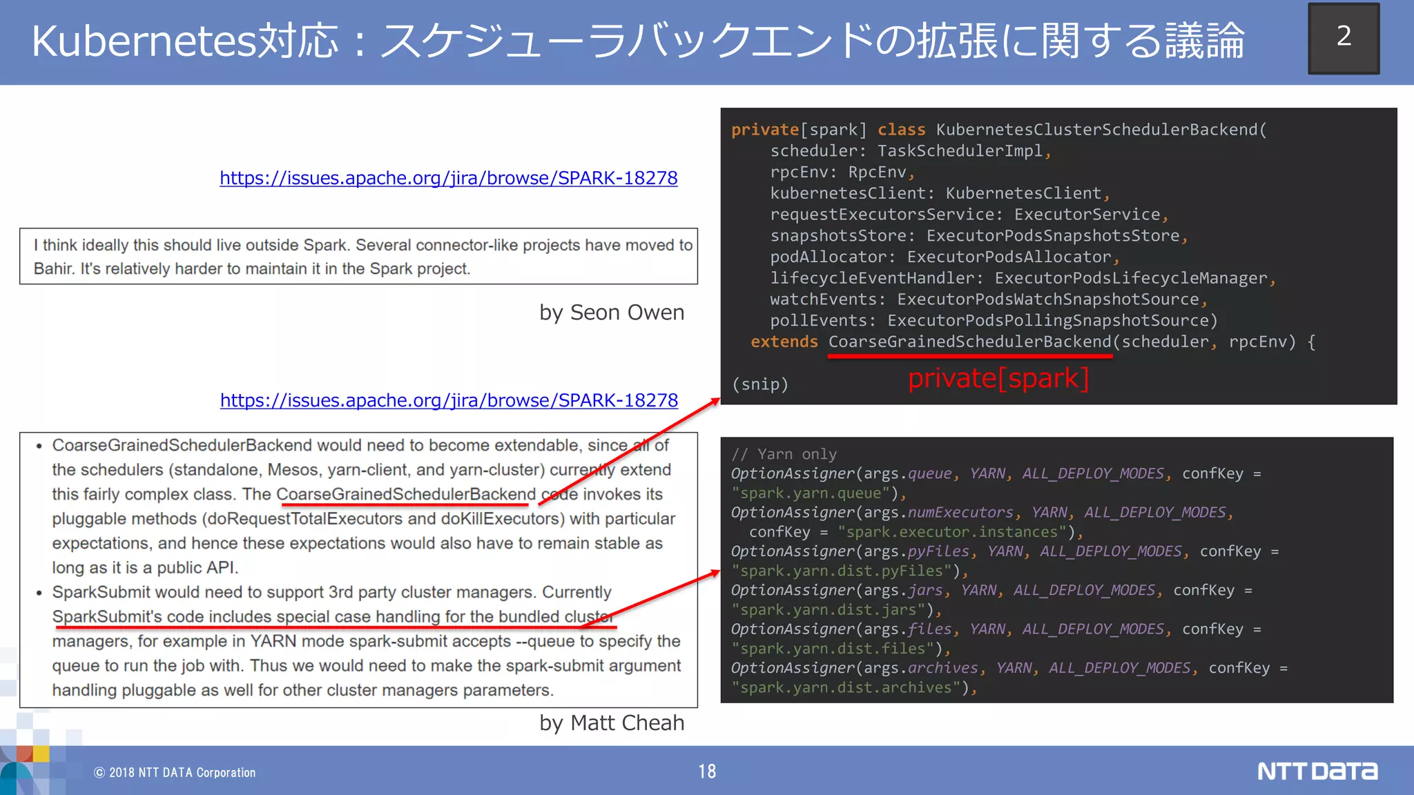© 2018 NTT DATA Corporation 18
Kubernetes対応：スケジューラバックエンドの拡張に関する議論
https://issues.apache.org/jira/browse/SPARK-18278
by Seon Owen
by Matt Cheah
https://issues.apache.org/jira/browse/SPARK-18278
private[spark] class KubernetesClusterSchedulerBackend(
scheduler: TaskSchedulerImpl,
rpcEnv: RpcEnv,
kubernetesClient: KubernetesClient,
requestExecutorsService: ExecutorService,
snapshotsStore: ExecutorPodsSnapshotsStore,
podAllocator: ExecutorPodsAllocator,
lifecycleEventHandler: ExecutorPodsLifecycleManager,
watchEvents: ExecutorPodsWatchSnapshotSource,
pollEvents: ExecutorPodsPollingSnapshotSource)
extends CoarseGrainedSchedulerBackend(scheduler, rpcEnv) {
(snip) private[spark]
// Yarn only
OptionAssigner(args.queue, YARN, ALL_DEPLOY_MODES, confKey =
"spark.yarn.queue"),
OptionAssigner(args.numExecutors, YARN, ALL_DEPLOY_MODES,
confKey = "spark.executor.instances"),
OptionAssigner(args.pyFiles, YARN, ALL_DEPLOY_MODES, confKey =
"spark.yarn.dist.pyFiles"),
OptionAssigner(args.jars, YARN, ALL_DEPLOY_MODES, confKey =
"spark.yarn.dist.jars"),
OptionAssigner(args.files, YARN, ALL_DEPLOY_MODES, confKey =
"spark.yarn.dist.files"),
OptionAssigner(args.archives, YARN, ALL_DEPLOY_MODES, confKey =
"spark.yarn.dist.archives"),
2
 