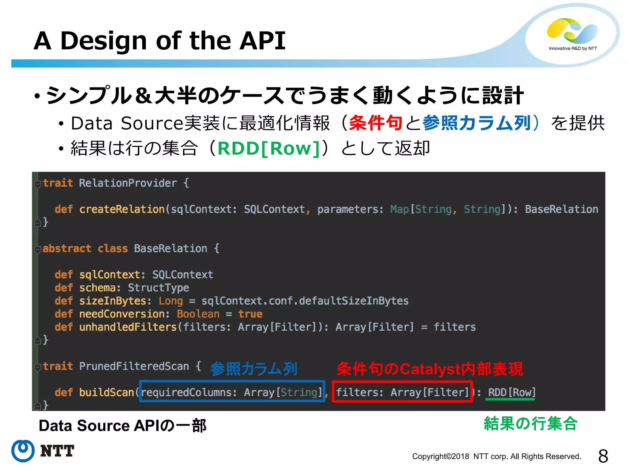 8Copyright©2018 NTT corp. All Rights Reserved.
• シンプル＆大半のケースでうまく動くように設計
• Data Source実装に最適化情報（条件句と参照カラム列）を提供
• 結果は行の集合（RDD[Row]）として返却
A Design of the API
条件句のCatalyst内部表現参照カラム列
Data Source APIの一部 結果の行集合
 
