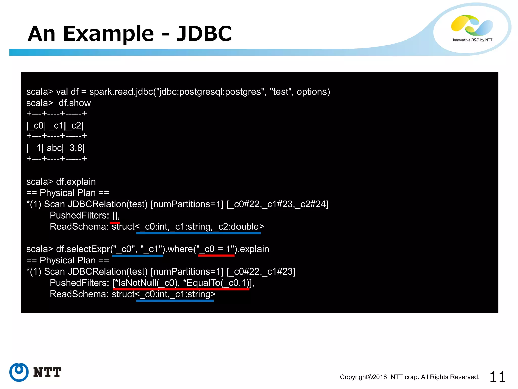 11Copyright©2018 NTT corp. All Rights Reserved.
An Example - JDBC
scala> val df = spark.read.jdbc("jdbc:postgresql:postgres", "test", options)
scala> df.show
+---+----+-----+
|_c0| _c1|_c2|
+---+----+-----+
| 1| abc| 3.8|
+---+----+-----+
scala> df.explain
== Physical Plan ==
*(1) Scan JDBCRelation(test) [numPartitions=1] [_c0#22,_c1#23,_c2#24]
PushedFilters: [],
ReadSchema: struct<_c0:int,_c1:string,_c2:double>
scala> df.selectExpr("_c0", "_c1").where("_c0 = 1").explain
== Physical Plan ==
*(1) Scan JDBCRelation(test) [numPartitions=1] [_c0#22,_c1#23]
PushedFilters: [*IsNotNull(_c0), *EqualTo(_c0,1)],
ReadSchema: struct<_c0:int,_c1:string>
 