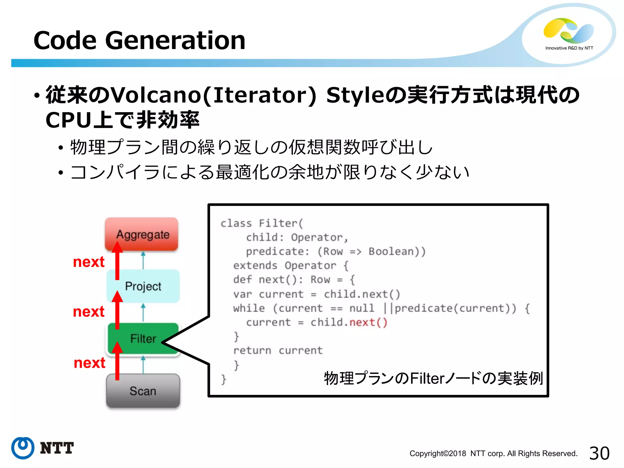 30Copyright©2018 NTT corp. All Rights Reserved.
• 従来のVolcano(Iterator) Styleの実行方式は現代の
CPU上で非効率
• 物理プラン間の繰り返しの仮想関数呼び出し
• コンパイラによる最適化の余地が限りなく少ない
Code Generation
物理プランのFilterノードの実装例
next
next
next
 
