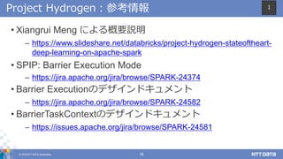 © 2018 NTT DATA Corporation 16
Project Hydrogen：参考情報
• Xiangrui Meng による概要説明
– https://www.slideshare.net/databricks/project-hydrogen-stateoftheart-
deep-learning-on-apache-spark
• SPIP: Barrier Execution Mode
– https://jira.apache.org/jira/browse/SPARK-24374
• Barrier Executionのデザインドキュメント
– https://jira.apache.org/jira/browse/SPARK-24582
• BarrierTaskContextのデザインドキュメント
– https://issues.apache.org/jira/browse/SPARK-24581
1
 