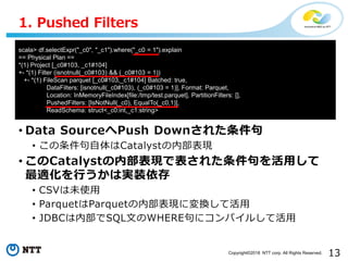 13Copyright©2018 NTT corp. All Rights Reserved.
• Data SourceへPush Downされた条件句
• この条件句自体はCatalystの内部表現
• このCatalystの内部表現で表された条件句を活用して
最適化を行うかは実装依存
• CSVは未使用
• ParquetはParquetの内部表現に変換して活用
• JDBCは内部でSQL文のWHERE句にコンパイルして活用
1. Pushed Filters
scala> df.selectExpr("_c0", "_c1").where("_c0 = 1").explain
== Physical Plan ==
*(1) Project [_c0#103, _c1#104]
+- *(1) Filter (isnotnull(_c0#103) && (_c0#103 = 1))
+- *(1) FileScan parquet [_c0#103,_c1#104] Batched: true,
DataFilters: [isnotnull(_c0#103), (_c0#103 = 1)], Format: Parquet,
Location: InMemoryFileIndex[file:/tmp/test.parquet], PartitionFilters: [],
PushedFilters: [IsNotNull(_c0), EqualTo(_c0,1)],
ReadSchema: struct<_c0:int,_c1:string>
 