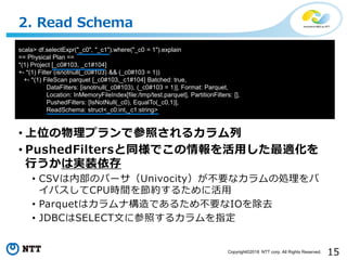 15Copyright©2018 NTT corp. All Rights Reserved.
• 上位の物理プランで参照されるカラム列
• PushedFiltersと同様でこの情報を活用した最適化を
行うかは実装依存
• CSVは内部のパーサ（Univocity）が不要なカラムの処理をバ
イパスしてCPU時間を節約するために活用
• Parquetはカラムナ構造であるため不要なIOを除去
• JDBCはSELECT文に参照するカラムを指定
2. Read Schema
scala> df.selectExpr("_c0", "_c1").where("_c0 = 1").explain
== Physical Plan ==
*(1) Project [_c0#103, _c1#104]
+- *(1) Filter (isnotnull(_c0#103) && (_c0#103 = 1))
+- *(1) FileScan parquet [_c0#103,_c1#104] Batched: true,
DataFilters: [isnotnull(_c0#103), (_c0#103 = 1)], Format: Parquet,
Location: InMemoryFileIndex[file:/tmp/test.parquet], PartitionFilters: [],
PushedFilters: [IsNotNull(_c0), EqualTo(_c0,1)],
ReadSchema: struct<_c0:int,_c1:string>
 