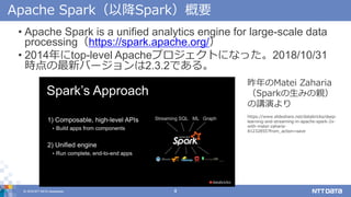 © 2018 NTT DATA Corporation 8
Apache Spark（以降Spark）概要
• Apache Spark is a unified analytics engine for large-scale data
processing（https://spark.apache.org/）
• 2014年にtop-level Apacheプロジェクトになった。2018/10/31
時点の最新バージョンは2.3.2である。
昨年のMatei Zaharia
（Sparkの生みの親）
の講演より
https://www.slideshare.net/databricks/deep-
learning-and-streaming-in-apache-spark-2x-
with-matei-zaharia-
81232855?from_action=save
 