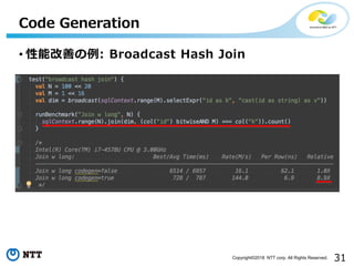 31Copyright©2018 NTT corp. All Rights Reserved.
• 性能改善の例: Broadcast Hash Join
Code Generation
 