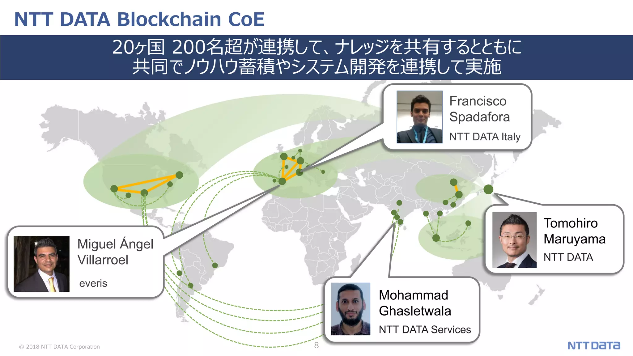© 2018 NTT DATA Corporation 8
NTT DATA Blockchain CoE
20ヶ国 200名超が連携して、ナレッジを共有するとともに
共同でノウハウ蓄積やシステム開発を連携して実施
Tomohiro
Maruyama
NTT DATA
Mohammad
Ghasletwala
NTT DATA Services
Miguel Ángel
Villarroel
everis
Francisco
Spadafora
NTT DATA Italy
 