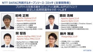 © 2018 NTT DATA Corporation 25
NTT DATAに所属するオープンソース・コミッタ (主要開発者)
プロダクトの改善活動をコミュニティと連携しながら行うことで
安定した長期間運用をサポートします
Apache Hadoopコミッタ
Apache HTraceコミッタ
• Hadoopの継続的な品質改善
• HTrace のモジュール開発
• HDFSにトレーシング機能を追加
• Hadoop→PostgreSQL高速ロード対応
• 非同期レプリケーションの実現
• 同期レプリケーションの実現
• カスケードレプリケーションの実現
• pg_bigm(全文検索モジュール)の開発
岩崎 正剛
Apache BigTop PMC/コミッタ
Apache Yetus PMC/コミッタ
関 堅吾
• BigTopプロビジョニング機能の改善
• BigTopスモークテストの品質改善
• Yetus 0.3.0 リリースマネージャ
• Yetus検証機能の追加
Apache Sparkコミッタ
Apache Bahirコミッタ
• Spark内部タスクの可視化 (Timeline Viewer)
• Sparkメトリクス機能改善
• SparkとYARN の連係動作の改善
• Sparkなど各種プロダクトの脆弱性修正対応
猿田 浩輔
PostgreSQLコミッタ
藤井 雅雄
 