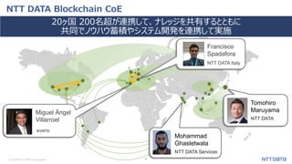 © 2018 NTT DATA Corporation 8
NTT DATA Blockchain CoE
20ヶ国 200名超が連携して、ナレッジを共有するとともに
共同でノウハウ蓄積やシステム開発を連携して実施
Tomohiro
Maruyama
NTT DATA
Mohammad
Ghasletwala
NTT DATA Services
Miguel Ángel
Villarroel
everis
Francisco
Spadafora
NTT DATA Italy
 