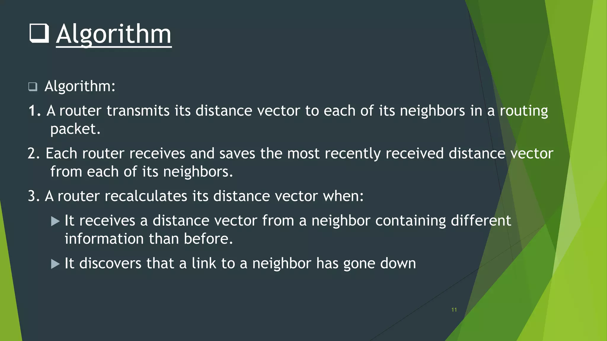 11
 Algorithm
 Algorithm:
1. A router transmits its distance vector to each of its neighbors in a routing
packet.
2. Each router receives and saves the most recently received distance vector
from each of its neighbors.
3. A router recalculates its distance vector when:
 It receives a distance vector from a neighbor containing different
information than before.
 It discovers that a link to a neighbor has gone down
 