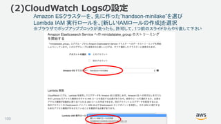 ©2018, Amazon Web Services, Inc. or its affiliates. All rights reserved.
(2)CloudWatch Logsの設定
Amazon ESクラスターを、先に作った”handson-minilake”を選び
Lambda IAM 実行ロールを、[新しいIAMロールの作成]を選択
※ブラウザでポップアップブロックが走ったら、許可して、1つ前のスライドからやり直して下さい
100
 