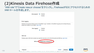 ©2018, Amazon Web Services, Inc. or its affiliates. All rights reserved.
(2)Kinesis Data Firehose作成
“IAM role”で”Create new,or choose”をクリックし、FirehoseがS3にアクセスするための
IAM ロールを作成します。
135
 