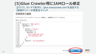 ©2018, Amazon Web Services, Inc. or its affiliates. All rights reserved.
[]でくくり、カンマで区切り、“glue.amazonaws.com”を追記する
[信頼ポリシーの更新]をクリック
(5)Glue Crawler用にIAMロール修正
154
 