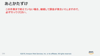 ©2018, Amazon Web Services, Inc. or its affiliates. All rights reserved.
あとかたずけ
この作業まで終えていない場合、継続して課金が発生いたしますので、
必ず行ってください。
256
 